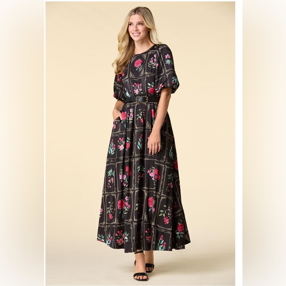 Floral Black Belted Maxi Dress